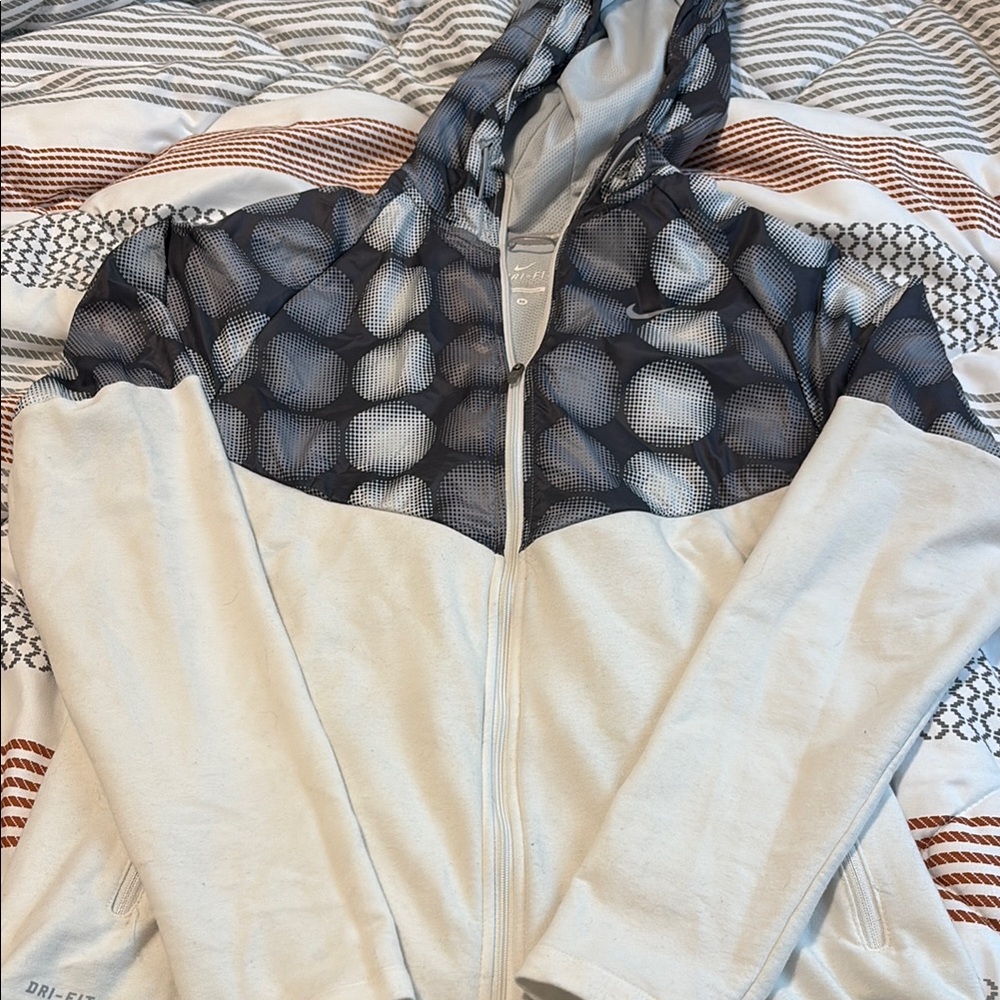 Nike Gray and Cream Bomber Jacket with Geometric Design